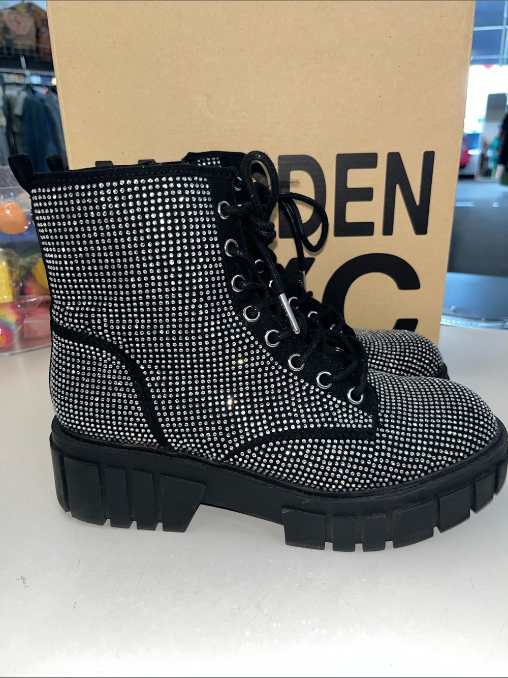 Black Rhinestone Combat Boots - Women